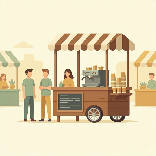 A pop-up coffee cart at a farmers market with customers in line